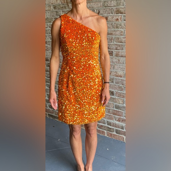 Dresses & Skirts - Orange sequin dress. One shoulder. Very well made. Excellent condition.